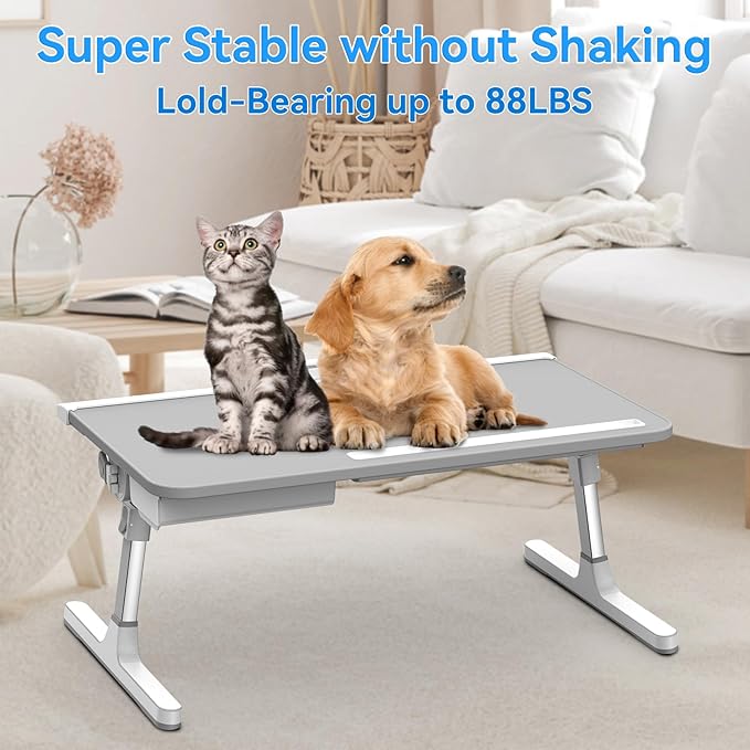 Laptop Bed Table, Height & Angle Adjustable Laptop Desk for Bed with Premium Materials, Super Sturdy Foldable Laptop Bed Tray Table with Drawer for Bed Couch Floor (Gray, 23.6"×14")