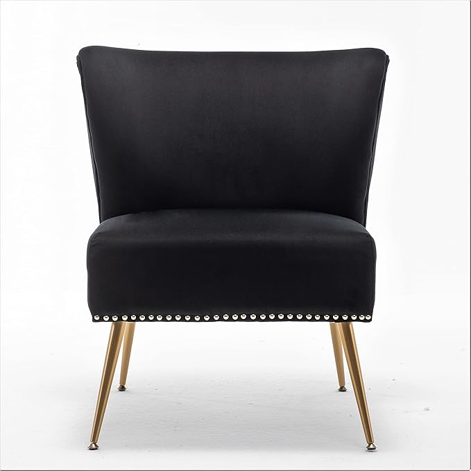 Container Furniture Direct Thia Armless Velvet Accent Chair for Living Room, Elegant Seat with Nailhead Trim, Gold Metal Legs and Comfortable Curved Back, 28" D x 25" W x 29.5" H, Black