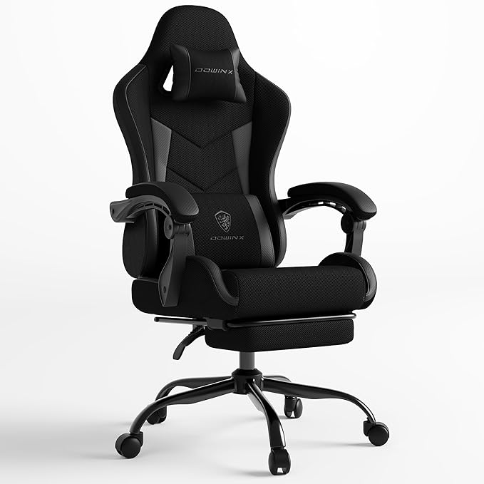 Gaming Chair with Footrest, Ergonomic 330lbs Leather Mesh Chair, Massage Lumbar Support, Adjustable Height & Headrest Pillow, Breathable Seat for Office, Home, Streaming, Long Gaming Sessions, Black
