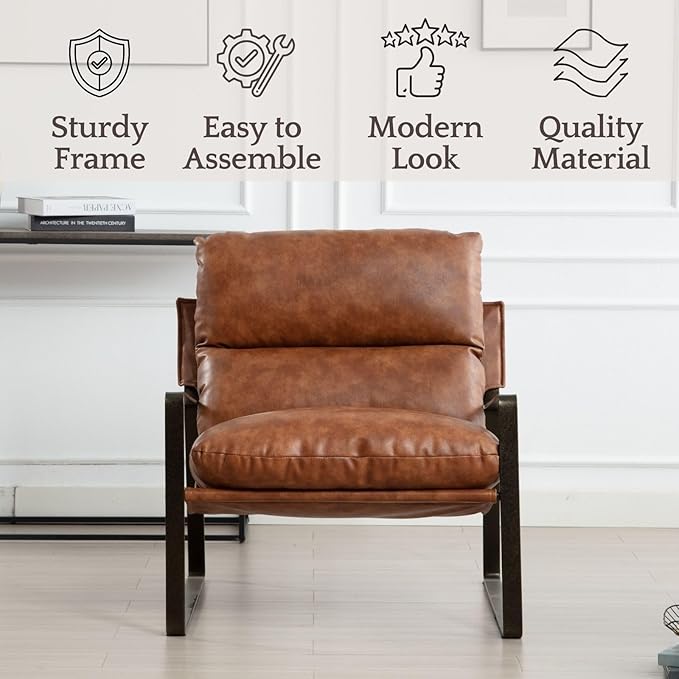 LukeAlon Modern PU Leather Accent Armchair, Upholstered Lounge Chair with Brass Metal Frame Thickened Cushion Comfy Leisure Chair with Lychee Grain for Bedroom Living Room, Brown