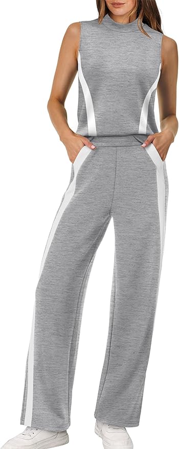 XIEERDUO Two Piece Sets for Women Summer Outfits Travel Mock Neck Lounge Sets Wide Leg Pants Beach Vacation Clothes