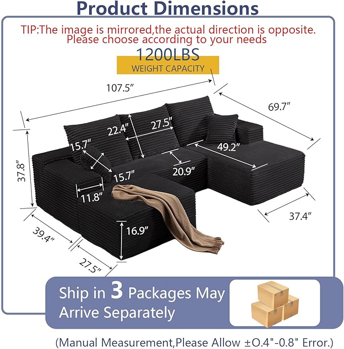 107" W Cloud Sectional Couch with Ottoman,Modern U-Shaped Cloud Couch with Deep Seat,Comfy Corduroy 3-Seater Sofa,Memory Foam Sofa for Living Room,No Assembly (Jet Black,Right-Facing Chaise)