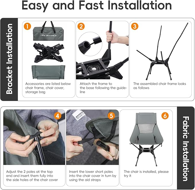 Swivel Camping Chair, High Back Folding Chair with Head Support, Side Cup Pocket, Stable Portable Outdoor Chair for Camp, Travel, Beach, Party, Fishing, Hiking, Backpacking, Grey