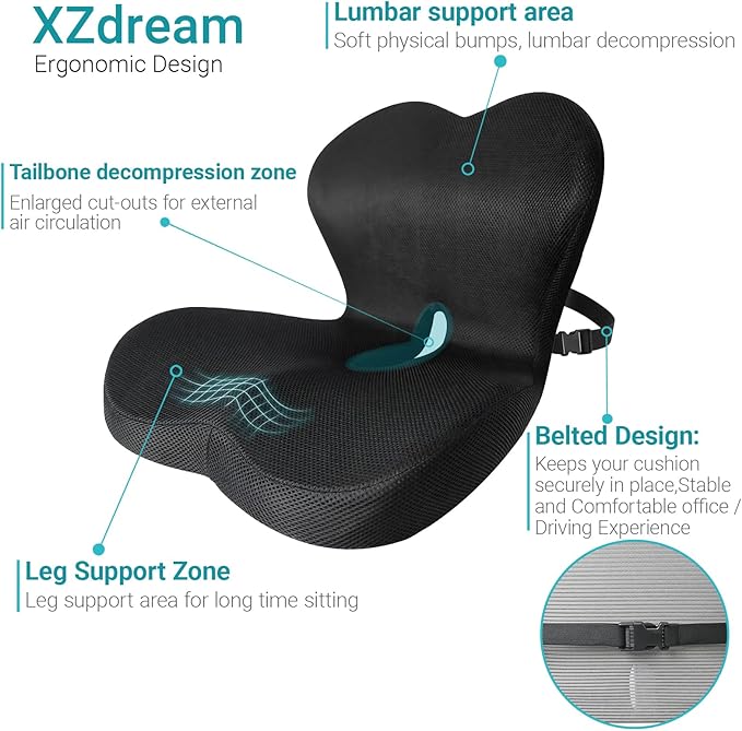 Memory Foam Seat Cushion,Office Chair Cushion with Lumbar Support for Back Pressure Relief,Sciatica,Car Seat Cushion with Adjustable Strap,Hip Pad Cushions for Car,Truck,Desk (D-Black+Mesh Cloth)