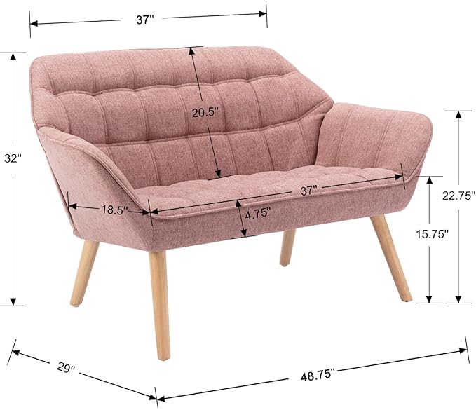 48" Small Loveseat Sofa, Mid Century Modern Linen Love Seat with Wood Legs 2-Seat Sofa Couch Tufted Wingback Upholstered Sofa Chair for Living Room Bedroom Apartment, Pink