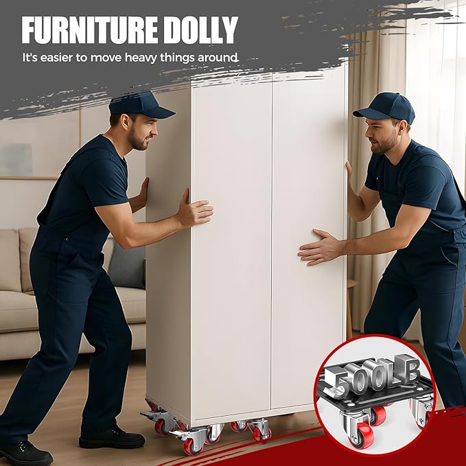 LOYAL TIGER Heavy Duty 3000LBS Furniture Dolly & Movers with 5 Wheels & Brake - 360° Rotating Moving Dolly for Furniture, Piano, Appliances - 6.4 Inch Non-Slip Sliders, Red
