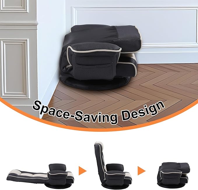 Linen Fabric Ergonomic Gaming Chair, 6-Position Reclining Sofa Bed with Lumbar Support, Foldable Floor Lounger with Thick Cushion, Armrests & Side Pockets for Esports, Reading, Napping (Brown + Beige)