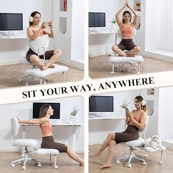 Sudwesto Ergonomic Cross Legged Chair, Teddy 360° Upholstered Swivel Meditation Chair with Wheels, Comfy Criss Cross Desk Chair for ADHD with Height-Adjustable for Office (White - Teddy)