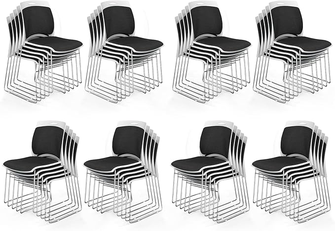 VINGLI Stackable Chairs Set of 40 Stacking Office Chairs with Metal Sled Base, Ergonomic Plastic Padded Seat & Back, Capacity 350lbs, Stacking Chairs for Waiting Room Break Room Banquet Guest, Black