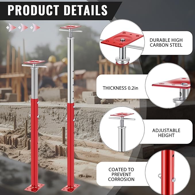 Yaocom 2 Pcs Adjustable Jack Post, 37"-61" Height Range, Basement Floor House Screw Jacks for Lifting Joist Beam Brace for Cellar Ceiling, Center Point Load Capacity 11023 Lbs, Red