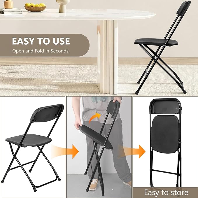Folding Chairs 10 Pack, Heavy-Duty Plastic Foldable Chairs with Sturdy Metal Frame, 350 lbs Capacity, Stackable Portable for Weddings, Parties, Office, Indoor, Outdoor Events, Black