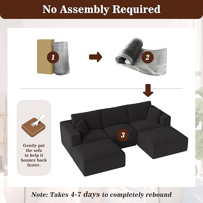 110" Modular Sectional Sofa, Cloud Couch U Shaped Memory Foam Boneless Couch with Ottoman, Cozy 3 Seater Corduroy Floor Couch, No Assembly Required Living Room Furniture for Apartment, Black