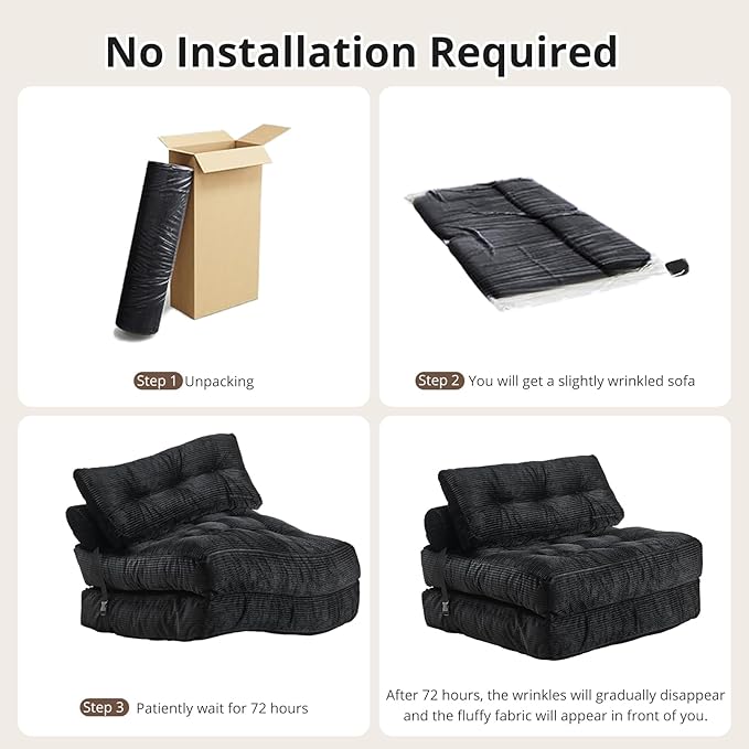 Convertible Sofa & Couch Bed - Oversized Adult Sleeper Chair & Bean Bag Chair, Foldable Floor Bed with Backrest, Comfortable Lazy Sofa for Bedroom, Living Room & Dorm (Black, Single)