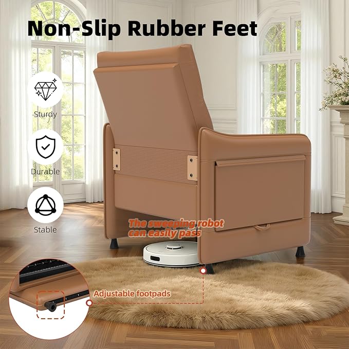 Tbillionnext Upholstered Accent Sofa, Modern Faux Leather Sofa Chair with Hidden Foldable Tray & Side Pocket, Rear Contour Arm Design, Small Accent Sofa for Bedroom, Brown
