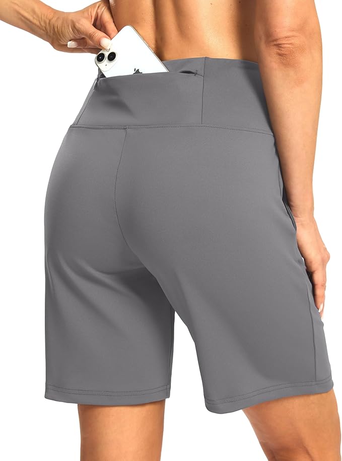 Women's Athletic Shorts with Zipper Pocket 7" High Waisted Stretchy Bermuda Shorts for Women Workout Running Casual