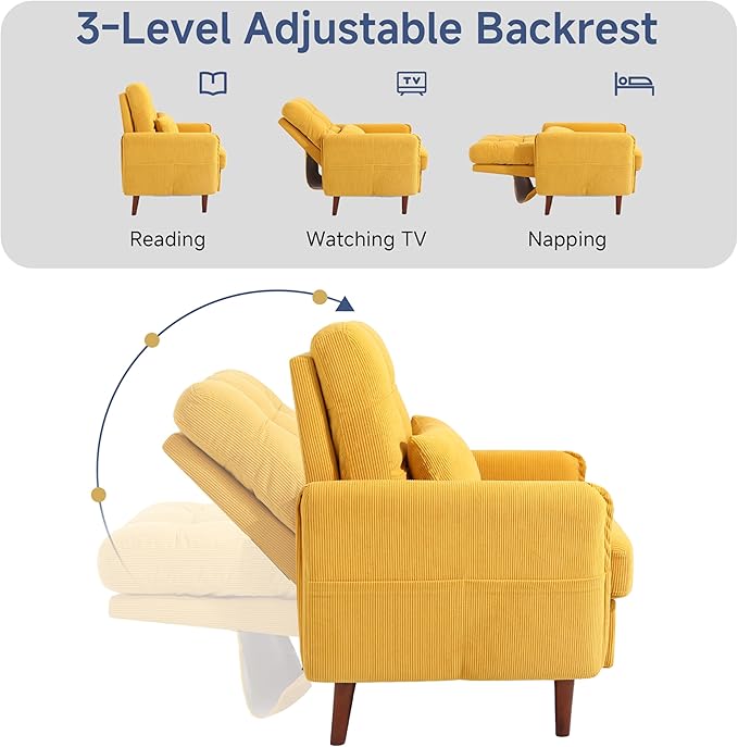 Lumibee Accent Chair with Storage Ottoman, Upholstered Comfy Reading Chair with Adjustable Reclining Backrest, Corduroy Fabric Lounge Chair Armchair for Living Room Bedroom, Set of 2, Orange