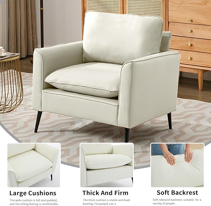 YISHENG Mid-Century Modern Living Room Accent Chairs Set of 2 - Oversized Faux Leather Armchairs with Removable Cushions & Metal Legs, Comfortable Sofas for Office/Lounge/Bedroom/Reception,Cream