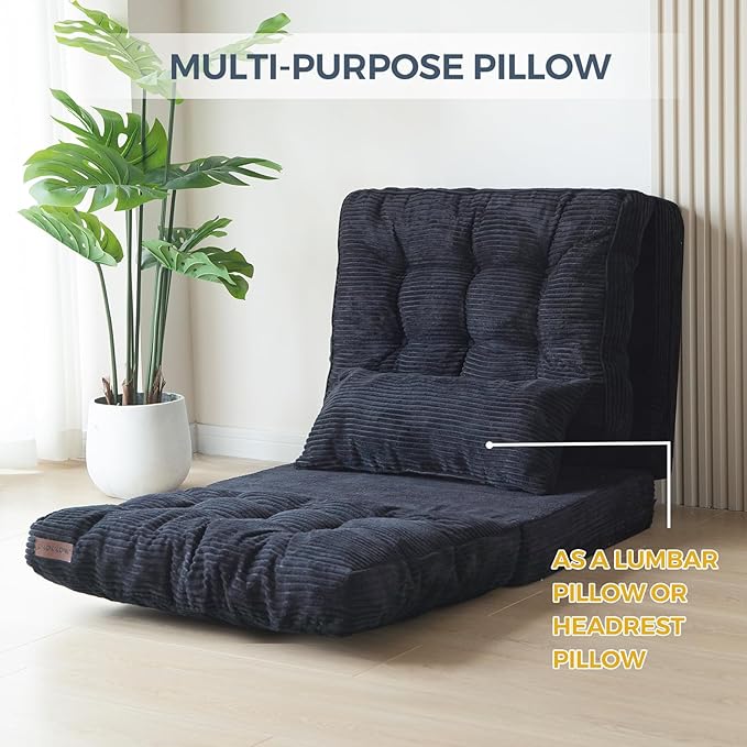 MAXYOYO Bean Bag Bed Tufted Folding Sofa Bed with Pillows Floor Mattress for Adults, Extra Thick and Long Floor Sofa, Single Couch for Bedroom Living Room, Black, 30x91 Inch