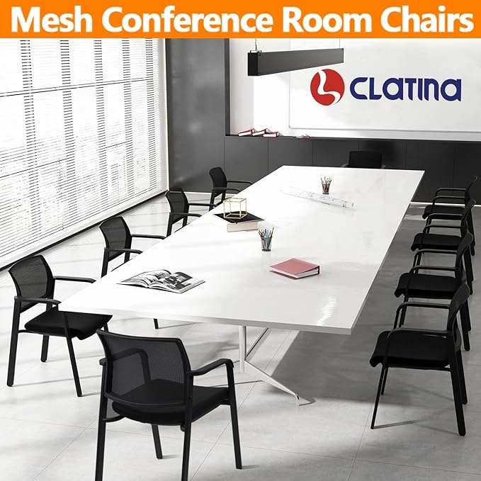 CLATINA Guest Reception Stacking No Wheels Desk Chair, Mesh Back Waiting Room Chairs with Arm Upholstered Fabric Seat and Ergonomic Lumbar Support for Office Conference School Church, Black (8 Pack)