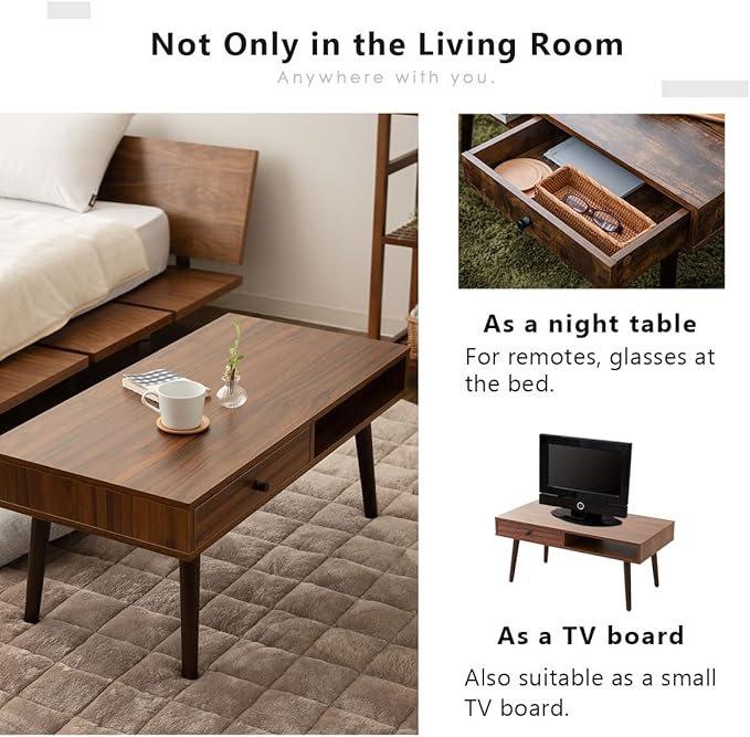 EMOOR Wooden Small Coffee Table with Storage Rectangle Medium (35.4"x17.7") Stone Gray, Floor Sitting Low Table Small Space Minimalist Japanese Tatami Room