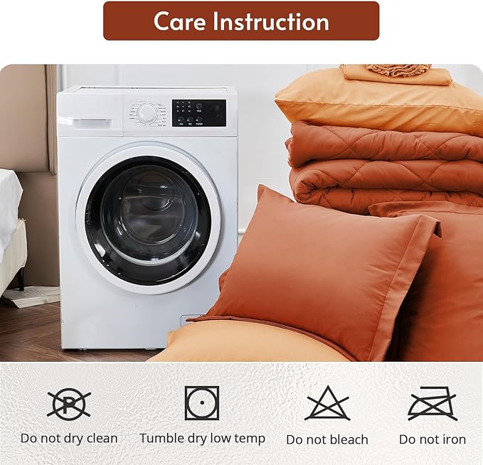 MUXHOMO 7 Pieces King Comforter Set, Reversible Bed in a Bag King Size, All Season Bedding Set with Comforter, Flat Sheet, Fitted Sheet, Pillowcases & Shams, Burnt Orange & Camel