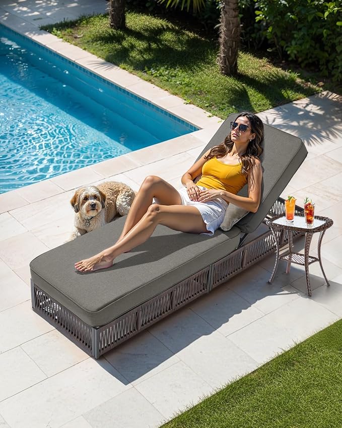 ACTREST Luxury Outdoor Chaise Lounge Chairs of 2 with 5 Inch Thick Cushions and Side Table - 3 PCS High Back Brown Wicker Rattan Patio Recliners Lounger Furniture Set for Poolside Sunbathing - Grey
