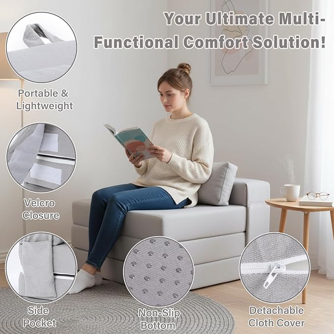 Tiita Folding Sofa Bed-Convertible Sleeper Chair with Storage Bag, Tri Foldable Mattress with Pillow, Portable Fold Out Chair Bed Floor Sofa for Living Room/Dorm/Guest Use/Travel, Single Size, Grey