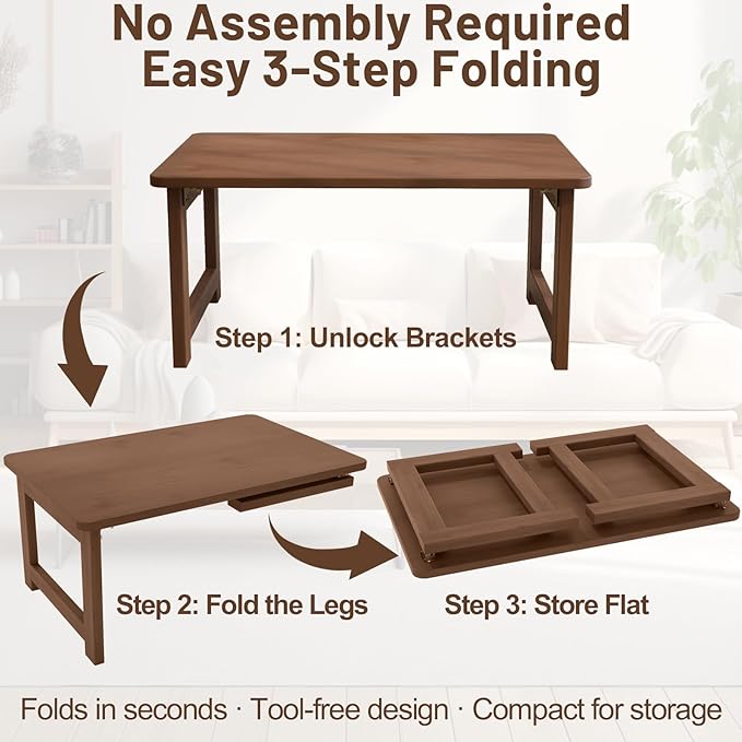 OETPJM Japanese Floor Table, Bamboo Folding Coffee Table, Portable Solid Wood Japanese Tatami Tea Table Table, No Assembly Japanese Dining Table for Sitting on The Floor, Easy Storage (Dark Walnut)