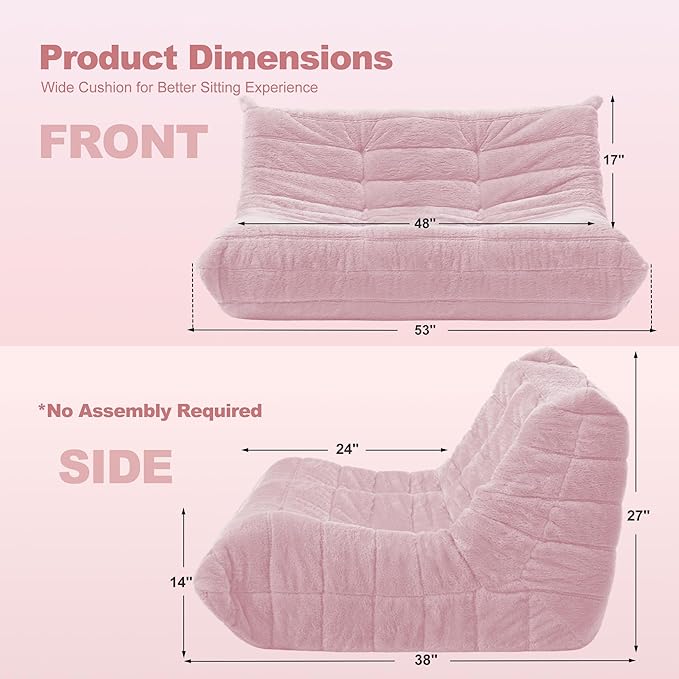 Bean Bag Loveseat Chair Big Sofa Beanbag Chair for Adults Fireside Chair Bean Bag Lounger with Memory Foam Filled for Home,Apartment or Gaming Venue（Pink Plush）