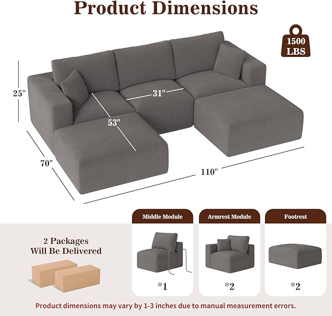 110" Modular Sectional Sofa, Boneless Couch U Shaped Memory Foam Cloud Couch with Chaise, Cozy Upholstered Corduroy Floor Couch, No Assembly Required Living Room Furniture for Apartment Home, Grey