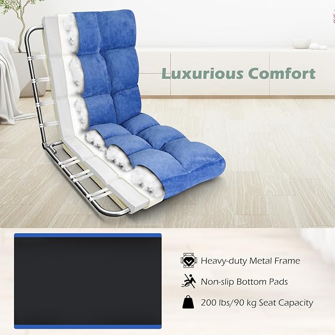 COSTWAY Floor Chair, Video Gaming Chairs with Back Support, Adjustable 14-Position, Alloy Steel Frame, Soft Coral Fleece, Lazy Sofa Lounge for Reading Living Room Recliner for Adults Kids (Blue)