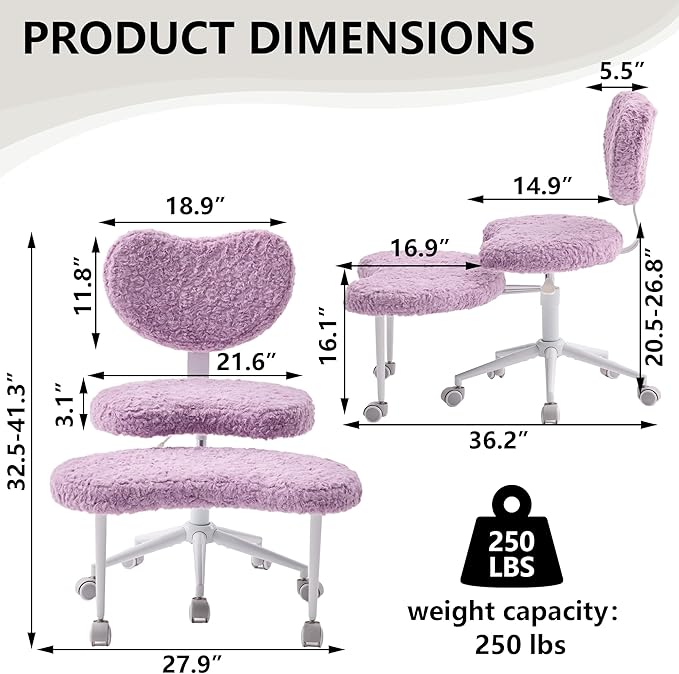 Meditation Chair with Lumbar Support,360° Swivel Cross Legged Chair with Wheels, Ergonomic Cross Legged Office Chair for Adults with ADHD, Height-Adjustable Yoga Chair,Faux Fur, Violet