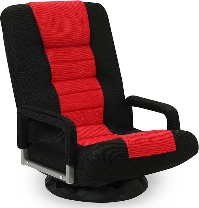 Swivel Floor Gaming Chair w/Armrests,Folding Video Reclining Sofa w/6 Adjustable Position, Padded Backrest & Cushion, Lazy Lounger Couch for E-Sports, Reading, Relaxing, Watching TV, Red