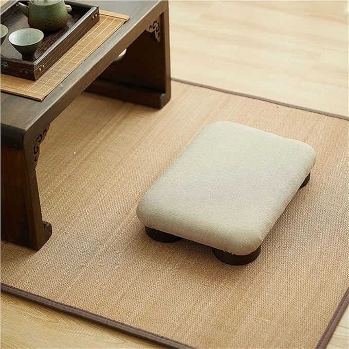 Japanese Tatami Low Stool, Solid-Wood Floor Chair with Cushioned Linen, Bedside Bench or Low Table Seating, Footrest for Meditation(48 * 35 * 8cm)