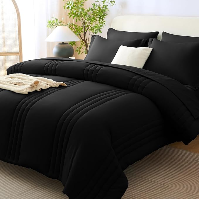 CozyLux Oversized King Comforter Set - 7 Pieces Bed in a Bag Black Comforter Set with Sheets All Seasons Bed Set, Soft Bedding Set with Down Alternative Comforter, Sheets, Pillowcases & Shams