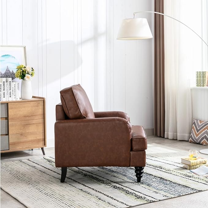 chairus Mid Century Modern Faux Leather Accent Chair, Vintage Club Armchair with Firm Supportive Seat & Soft Backrest, Comfy Single Sofa Reading Chair for Living Room Bedroom Apartment, Brown PU