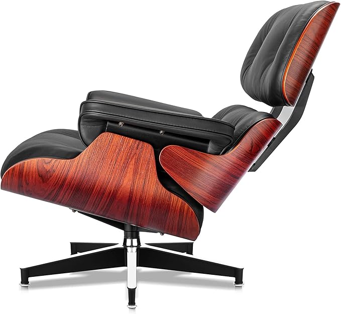 Top Black Grain Leather, Mid Century Chaise Lounge Chair and Ottoman, Modern Chair Classic Design, Red Rosewood, Heavy Duty Base Support for Living Room Office