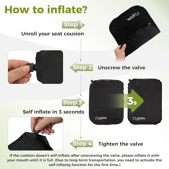 ATEPA Inflatable Seat Cushion, Self-Inflating Portable Stadium Airplane Travel Foam Cushion Pad for Camping, Sports Events, Outdoor