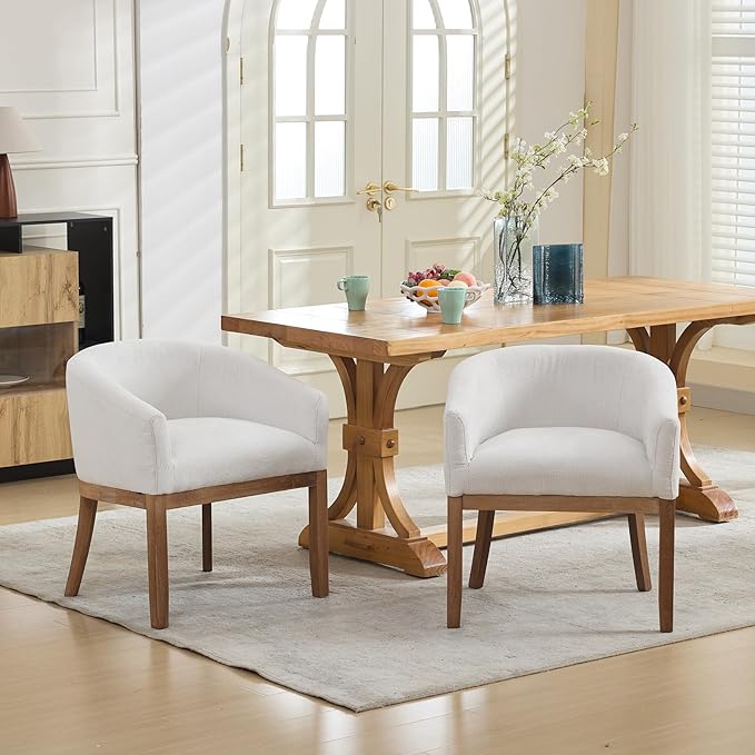 Shenyon Mid Century Modern Dining Chairs Set of 2, Upholstered Linen Fabric Dining Room Chairs with Arms and Solid Wood Legs, Comfy Barrel Accent Chairs for Dining Room, Living Room, or Cafe,Beige