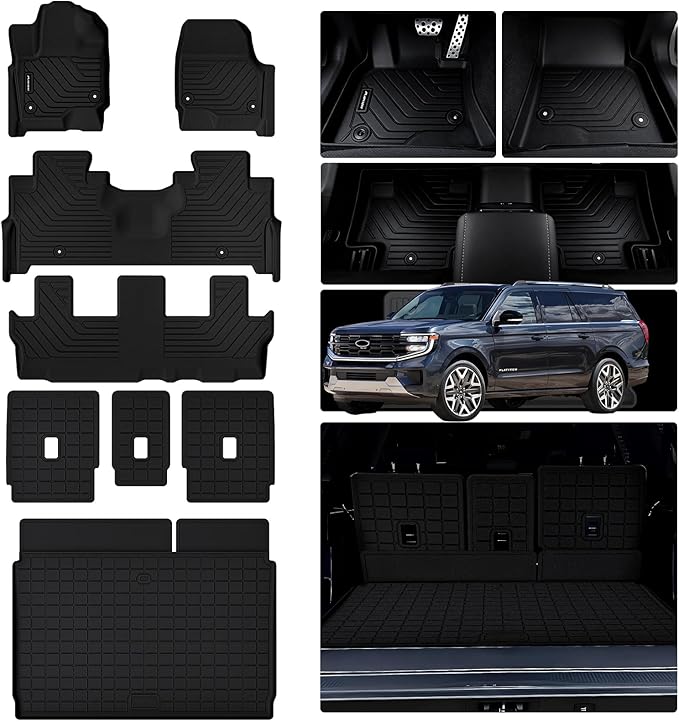 Floor Mats for 2025 Ford Expedition MAX 8 Seats & Trunk Mat & Backrest Mat, Only Fit Max (2nd Row Bench Seat) TPE All Weather Protection Car Full Set Mats Covering The Backrest Accessories