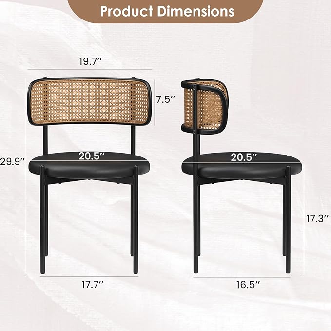 Farini Dining Chairs Set of 2, PU Leather Upholstered Seat with Woven Rattan Back, Sturdy Metal Legs Modern Side Chairs for Kitchen Living Room Restaurant, Black