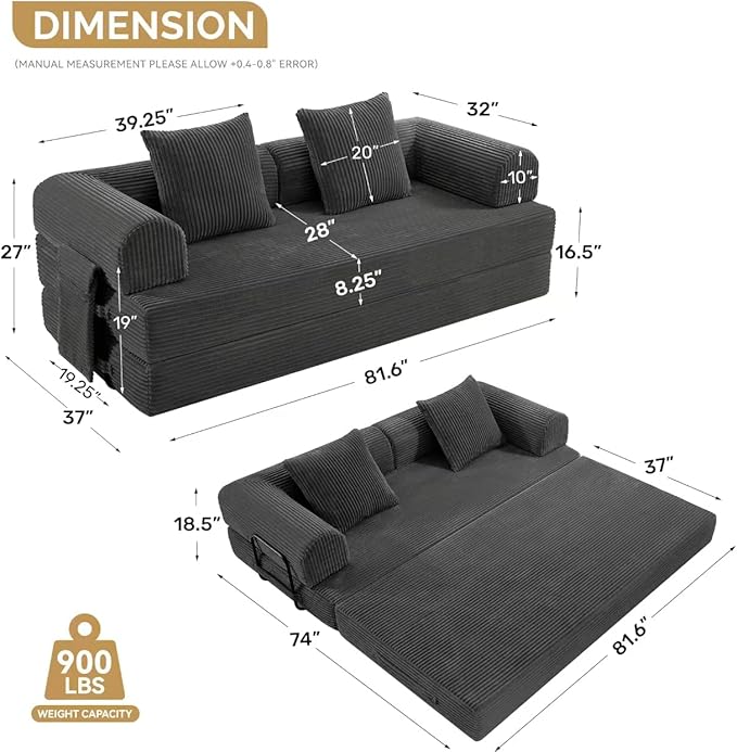 Convertible Coarser Corduroy Sleeper Sofa Bed with Cylindrical Pillow, Folding Mattress Couch with Fixed-Shape Frame, Floor Sofa Lounge Couch for Living Room Bedroom Lounge Studio, Dark Grey