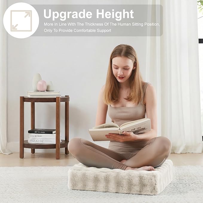 JKMAX 2 Pcs High Density Foam Floor Pillow - Upgraded Large Pillows Seating for Adults - Outdoor Floor Cushion with Soft Tufted Cover - Yoga Pillows for Sitting On Floor - 22 Inch Almond White