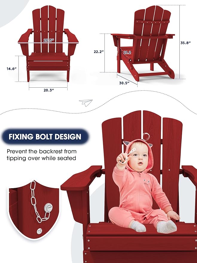KINGYES Folding Adirondack Chair Set of 4, HDPE Adirondack Chair for Adult, Red