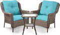 ACTREST 3 Piece Patio Brown Wicker Chairs with Side Table - Outdoor High Back Heavy Duty All-Weather Lawn Dining Rattan Chair Conversation Bistro Set for Deck Porch Balcony Backyard Garden - Turquoise