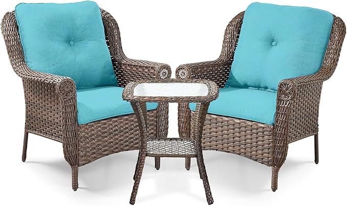 ACTREST 3 Piece Patio Brown Wicker Chairs with Side Table - Outdoor High Back Heavy Duty All-Weather Lawn Dining Rattan Chair Conversation Bistro Set for Deck Porch Balcony Backyard Garden - Turquoise