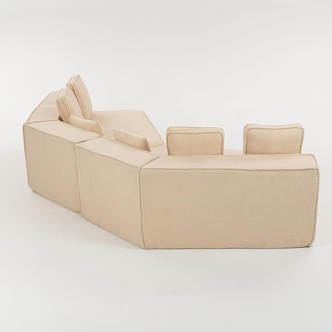 EPOFIT 132'' Oversized Teddy Fleece Modular 2-Seater Sofa, Compressed All-Foam Floor Couch with 6 Cushions, Low-Profile Cozy Sectional Sofa for Living Room & Apartment – Beige