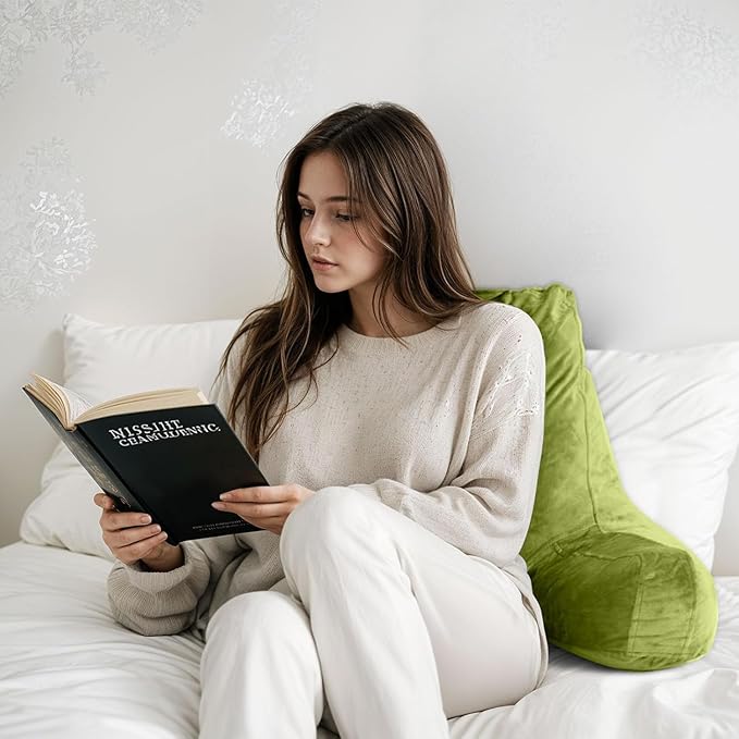 OAISZ Reading Pillow for Sitting in Bed Adult, X-Large Reading Pillow with Shredded Memory Foam, Back Pillow for Sitting Up with Extend Arms, Pockets, Bed Pillow with Washable Cover, FluorescentGreen