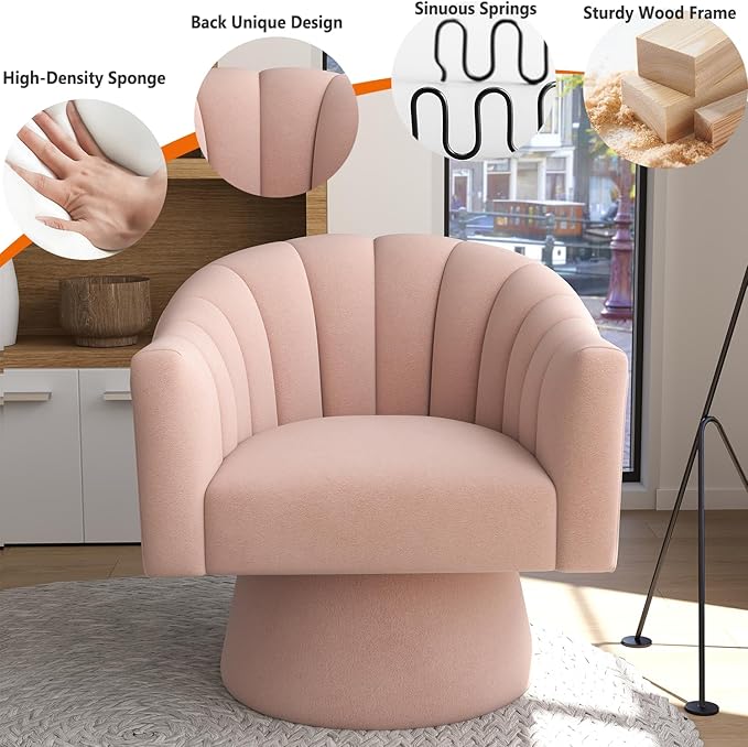 Swivel Accent Chair,Upholstered Velvet 360° Swivel Barrel Chair for Living Room Overstuffed Bouncle Reading Chair Round Armchair for Bedroom,Vanity,Office(Pink)