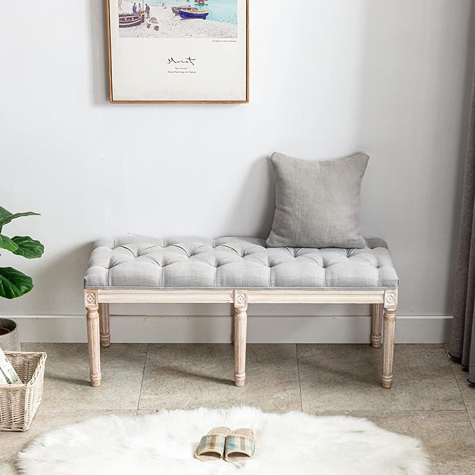 DM Furniture Farmhouse Dining Bench 48" Long Vintage Tufted Bench with Wood Legs Upholstered Entryway Bench Fabric End of Bed Bench for Bedroom Living Room Hallway, Grey